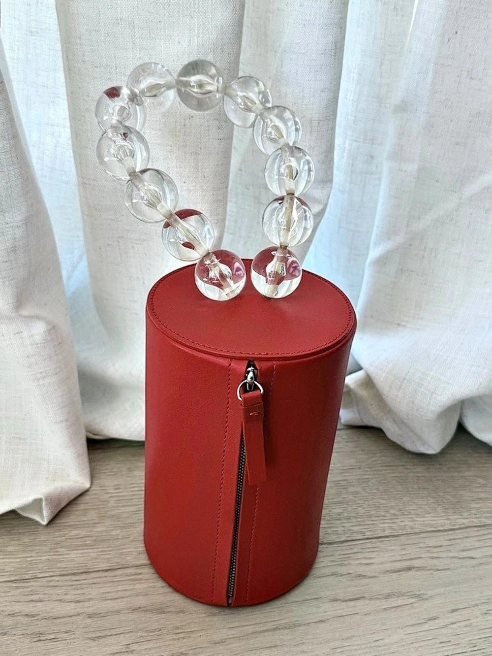 Building Block Red Beaded Handle Veg Leather Bag